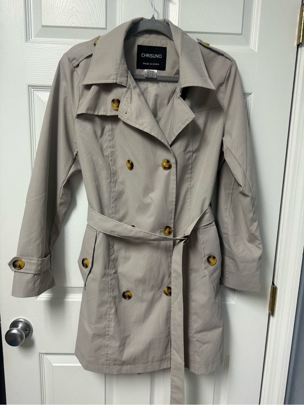 Chrisuno Taupe Double-Breasted Trench Coat with Self-Tie Belt